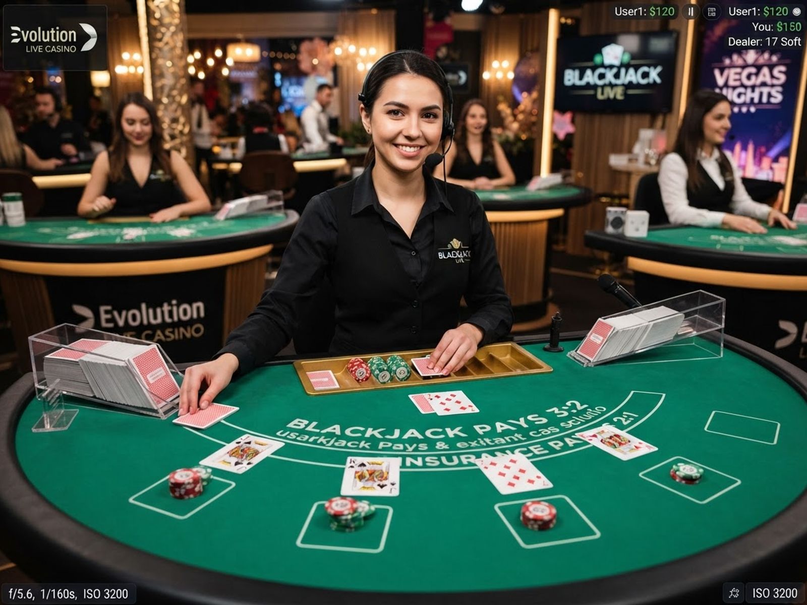 Table de blackjack en direct avec cartes et sabot