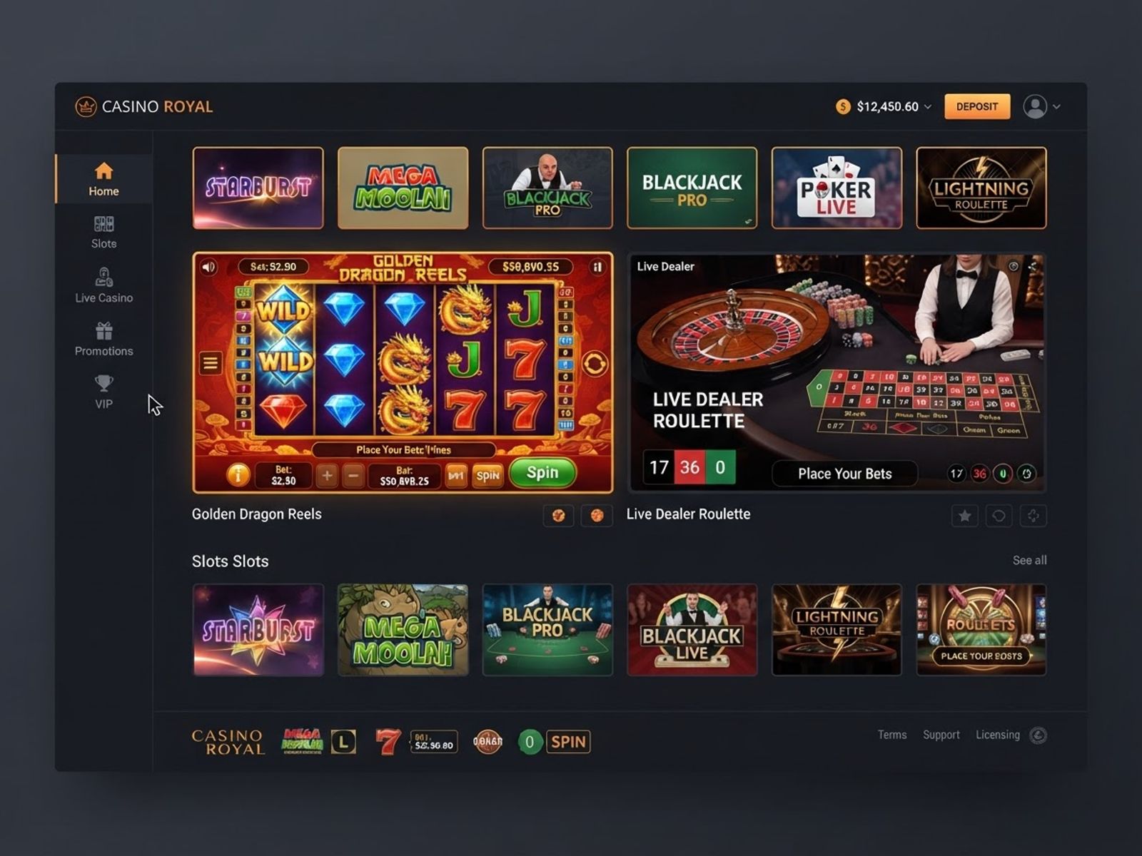 Interface de jeu de casino avec rouleaux et roulette