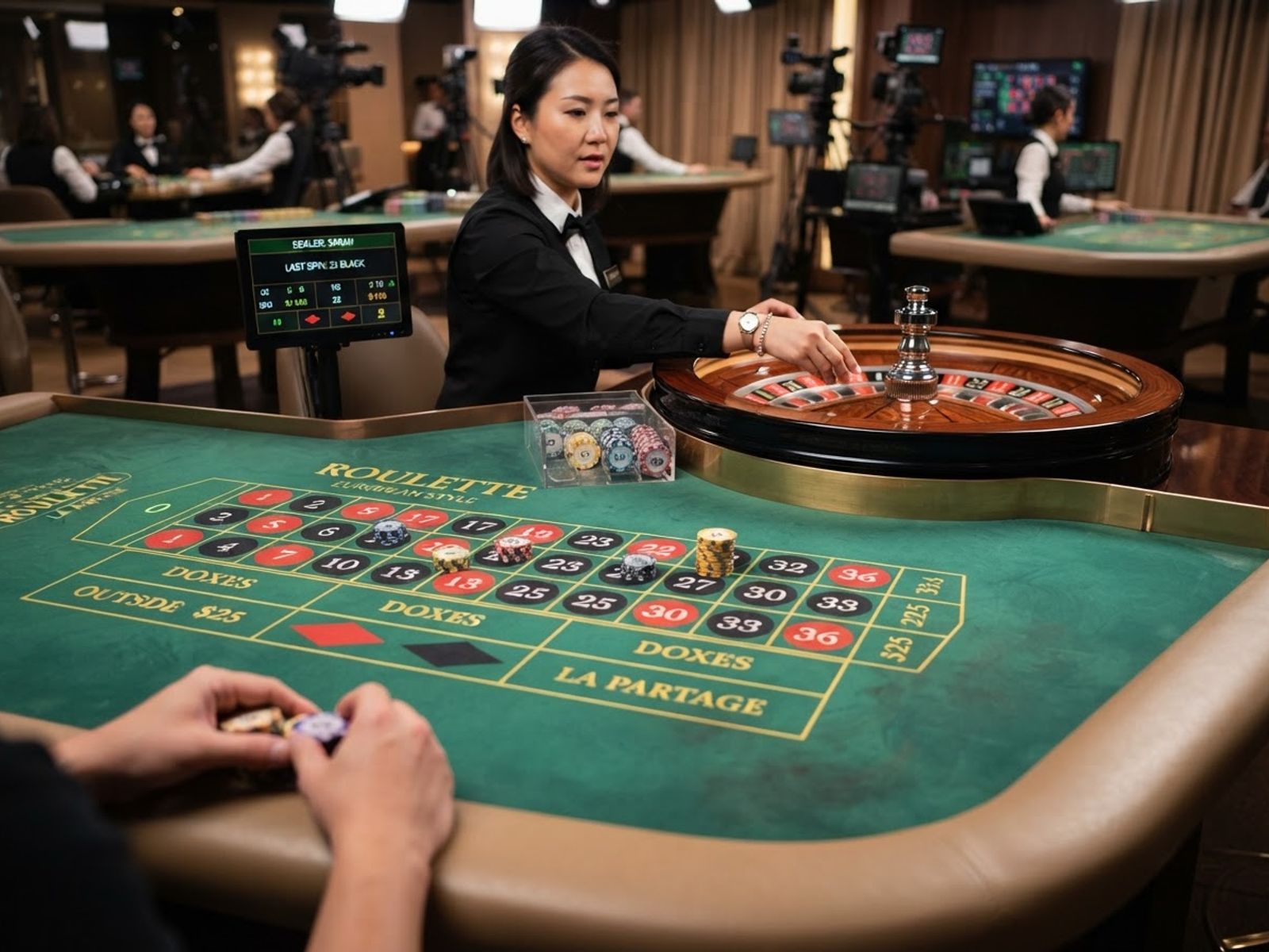 Croupière à une table de roulette en direct, jetons sur le tapis