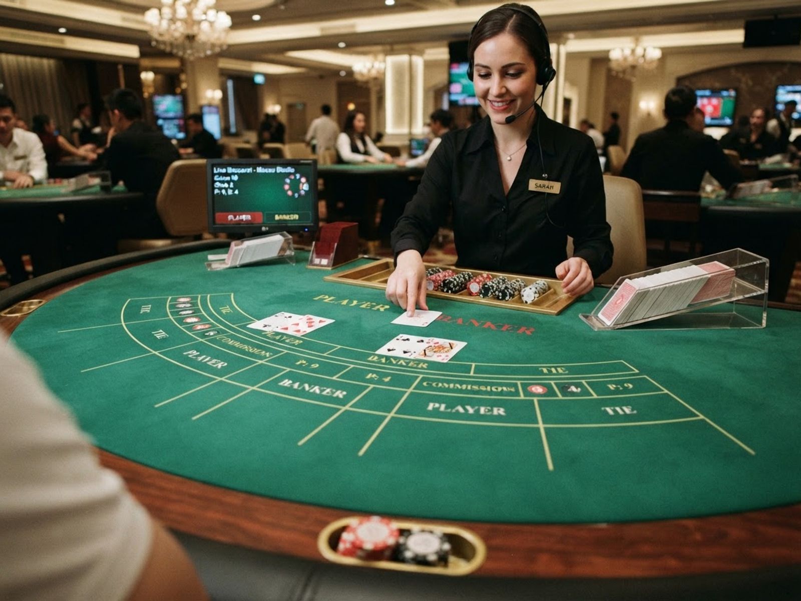 Croupière distribuant les cartes à une table de baccarat en direct