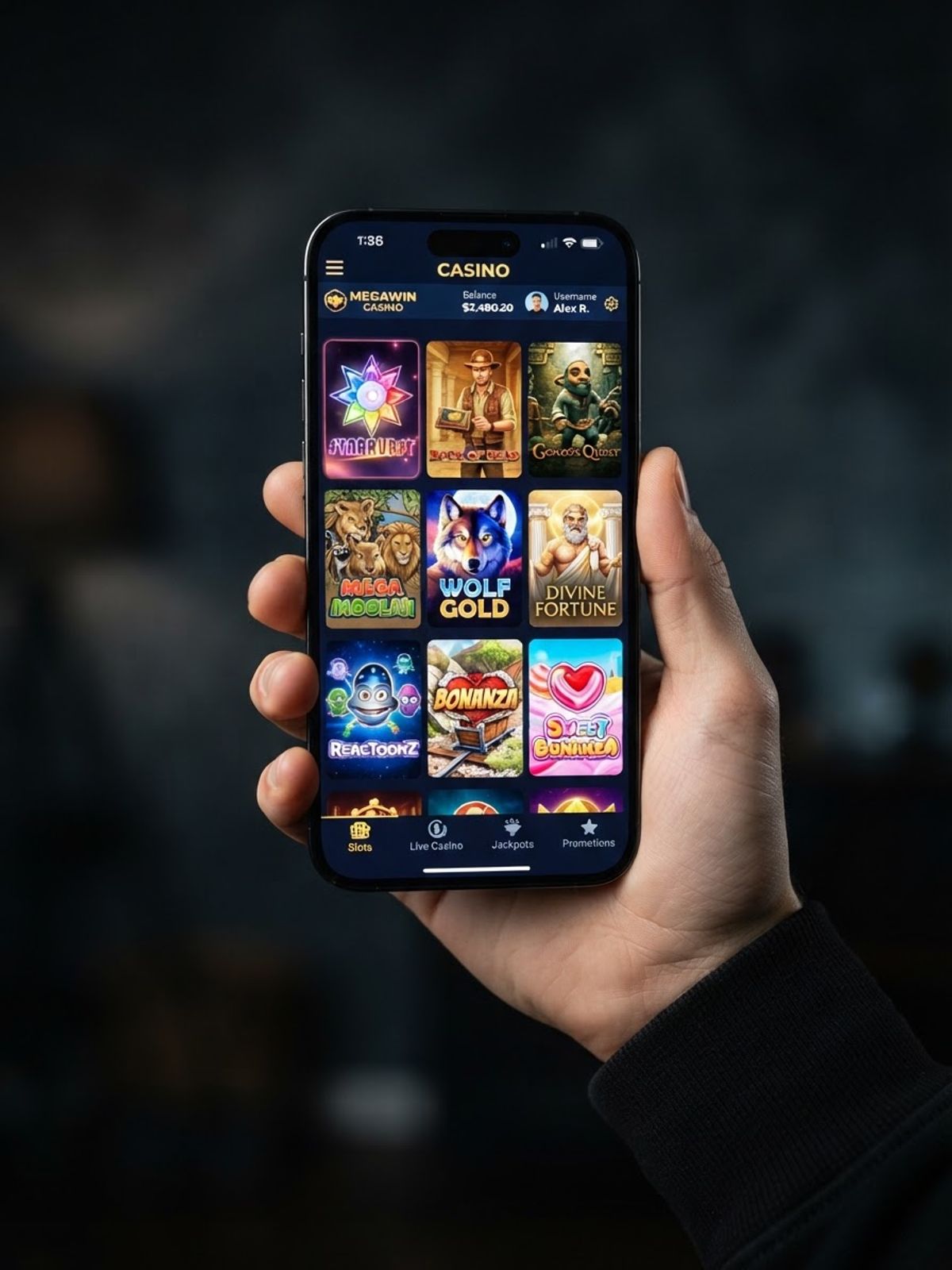 Smartphone affichant des jeux de casino en format portrait