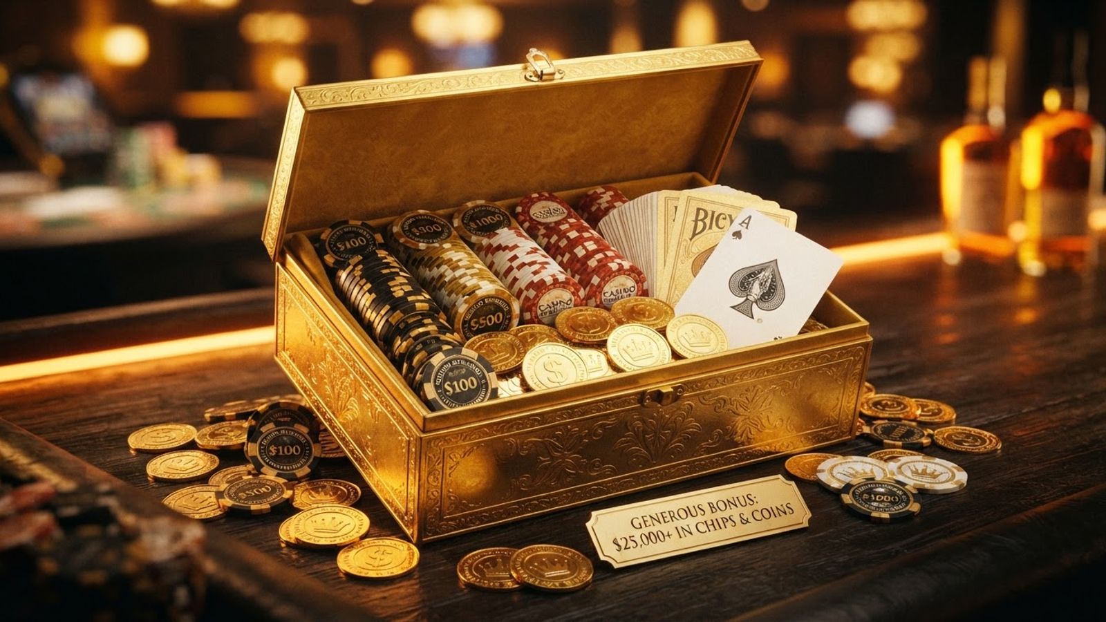Coffret doré du bonus de bienvenue Gransino rempli de pièces