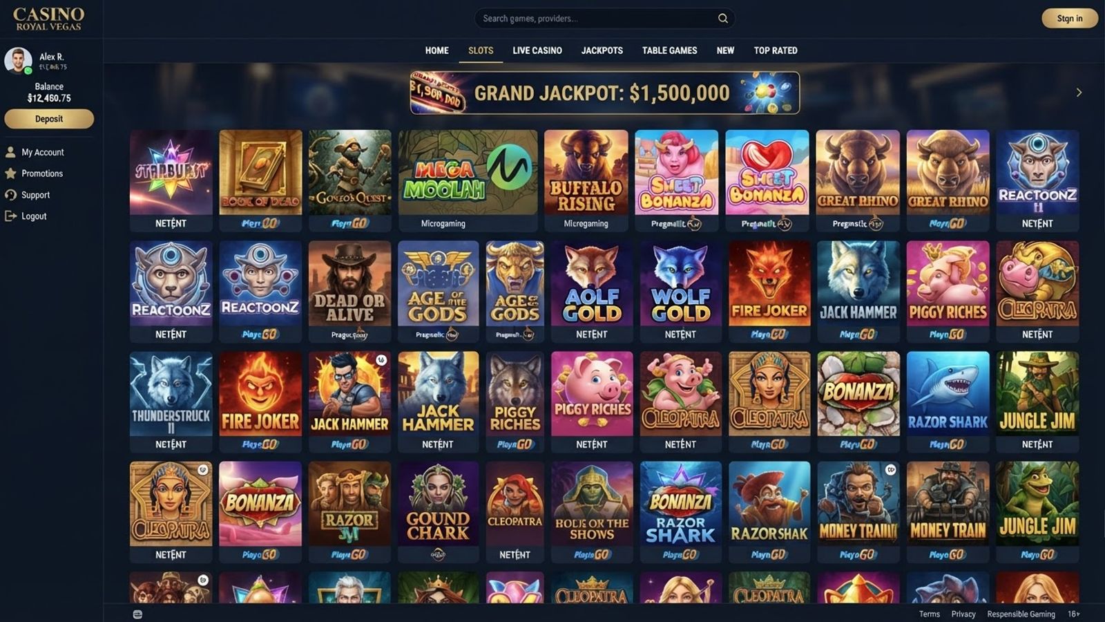 Vue d'ensemble du catalogue de jeux du casino Gransino
